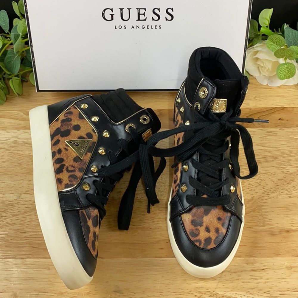 Guess Porcia Black/Cheetah Print High-Top Sneakers 5M